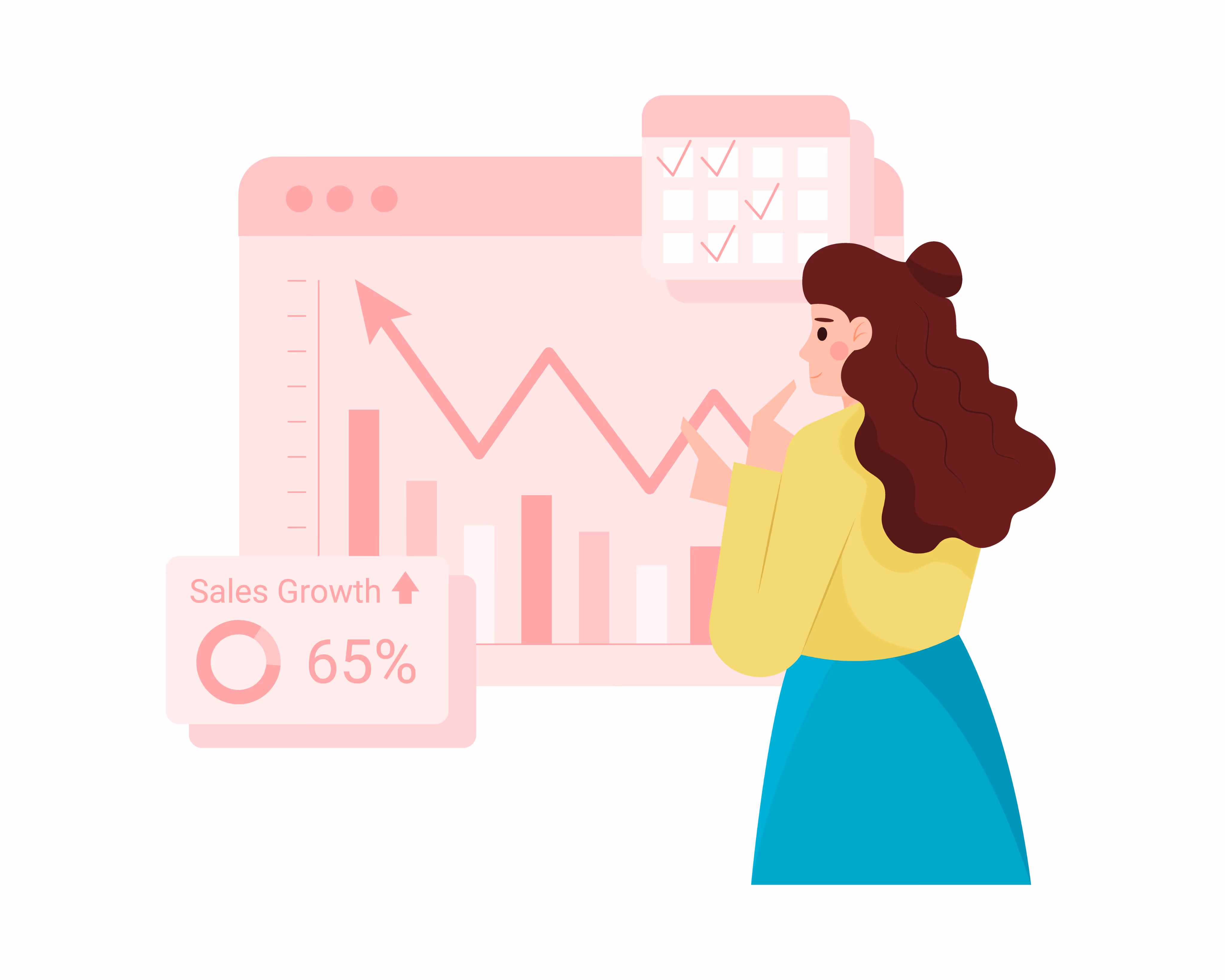 Illustration of a woman analyzing a sales growth chart showing a 65% increase with a calendar of completed tasks.