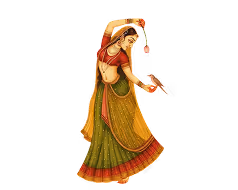 Illustration of a woman in traditional Indian attire dancing with a small pot on her head and holding a bird in her hand.