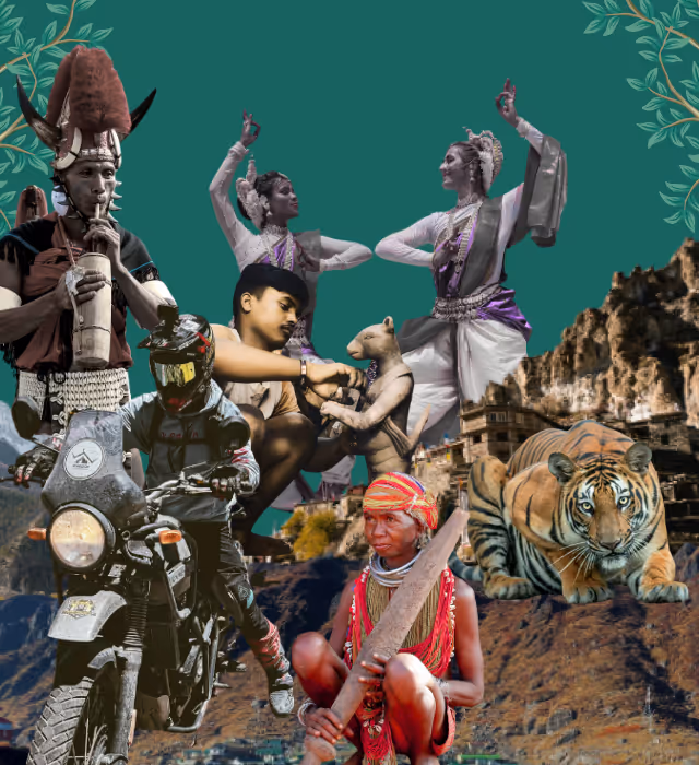Collage featuring traditional dancers, a tribal man playing a wind instrument, a motorcyclist, a crouching man with a baby bear, a tribal woman with a large blade, a Bengal tiger, ancient rock formations and temple ruins on a green background with leafy borders.