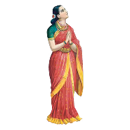 Classical Indian female statue wearing a red and yellow saree, holding a yellow flower and a pot, with a traditional hairstyle and jewelry.