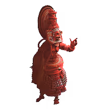 Traditional red ceremonial mask with elaborate headgear and detailed carvings, worn on the upper body.