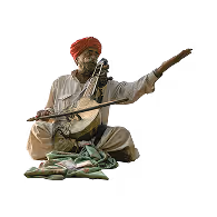 Man wearing traditional clothing and a red turban playing a stringed instrument while seated.