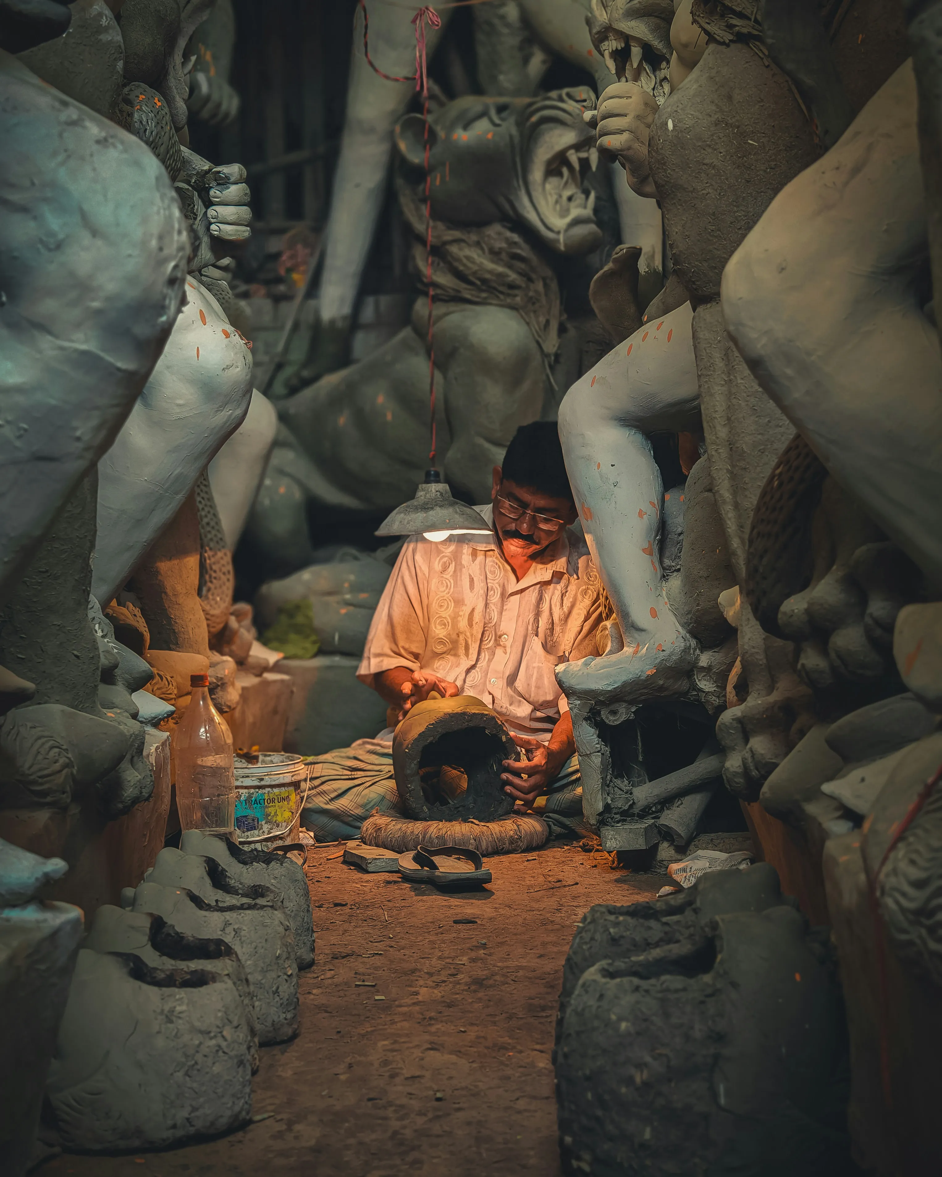 Man working on sculpting a clay figure surrounded by unfinished large statues under a hanging light.